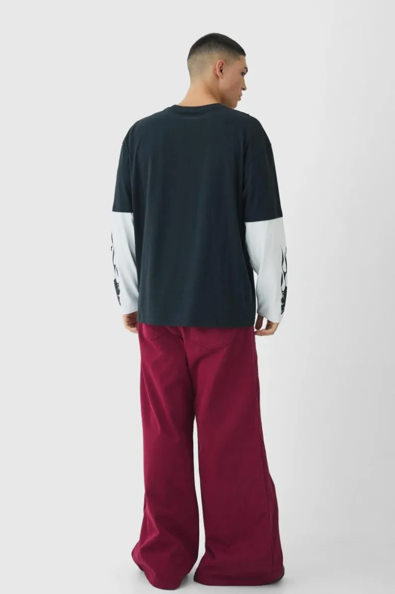 Cheap boohooMAN Elasticated Waist Extreme Baggy Twill Waistband Detail Trousers burgundy