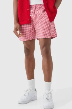 Sale boohooMAN Elasticated Waist Gingham Check Linen Look Relaxed Short In red