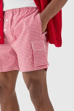 Sale boohooMAN Elasticated Waist Gingham Check Linen Look Relaxed Short In red