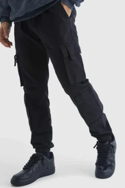 Cheap boohooMAN Elasticated Waist Multi Cargo Pocket Slim Fit Jogger black