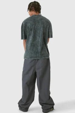 Discount boohooMAN Elasticated Waist Oversized OFCL Parachute Pants charcoal
