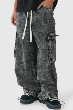 Cheap boohooMAN Elasticated Waist Parachute Acid Wash Cargo Jeans black