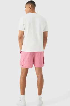 Cheap boohooMAN Elasticated Waist Pinstripe Linen Look Short In red