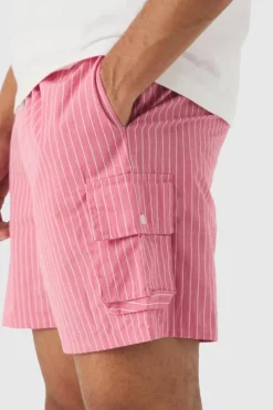 Cheap boohooMAN Elasticated Waist Pinstripe Linen Look Short In red