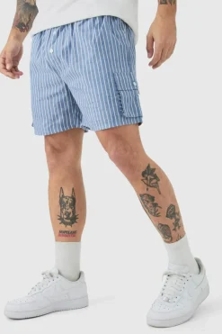 Best boohooMAN Elasticated Waist Pinstripe Linen Look Short In blue