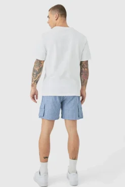 Best boohooMAN Elasticated Waist Pinstripe Linen Look Short In blue