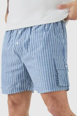 Best boohooMAN Elasticated Waist Pinstripe Linen Look Short In blue