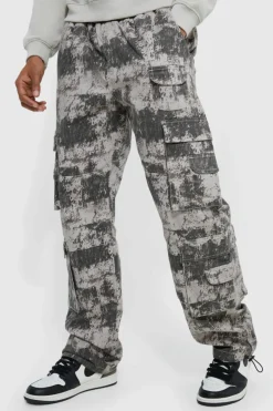 Shop boohooMAN Elasticated Waist Printed Pocket Stacked Cargo Trousers multi