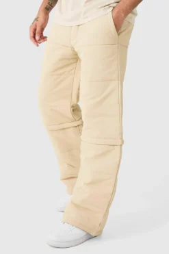 Cheap boohooMAN Elasticated Waist Quilted Zip Off Wide Leg Trousers ecru