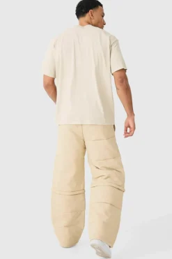 Cheap boohooMAN Elasticated Waist Quilted Zip Off Wide Leg Trousers ecru