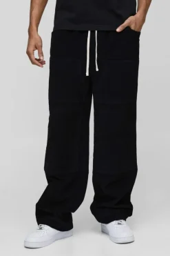 Cheap boohooMAN Elasticated Waist Relaxed Carpenter Waffle Corduroy Trousers black