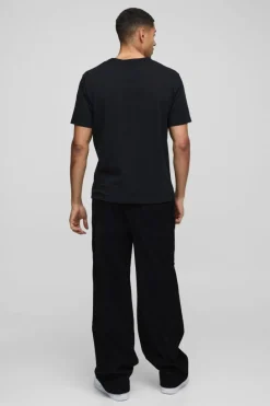 Cheap boohooMAN Elasticated Waist Relaxed Carpenter Waffle Corduroy Trousers black