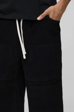 Cheap boohooMAN Elasticated Waist Relaxed Carpenter Waffle Corduroy Trousers black