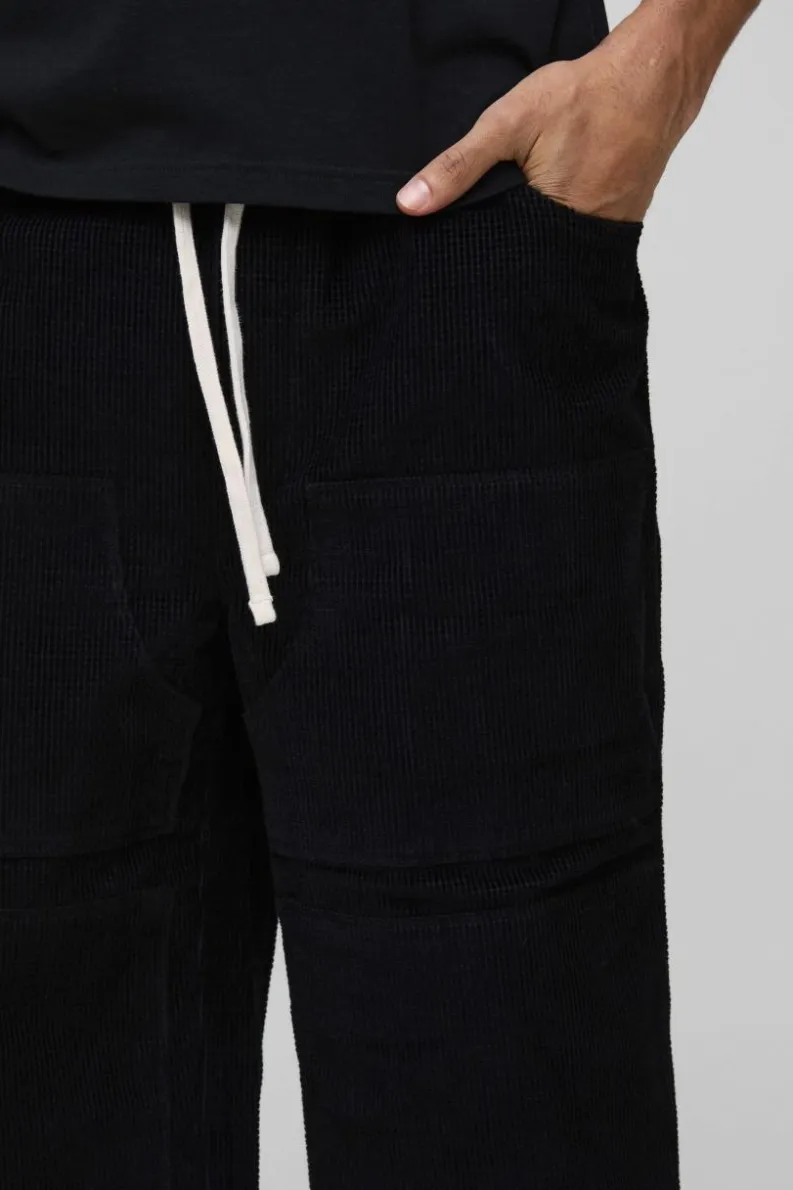 Cheap boohooMAN Elasticated Waist Relaxed Carpenter Waffle Corduroy Trousers black