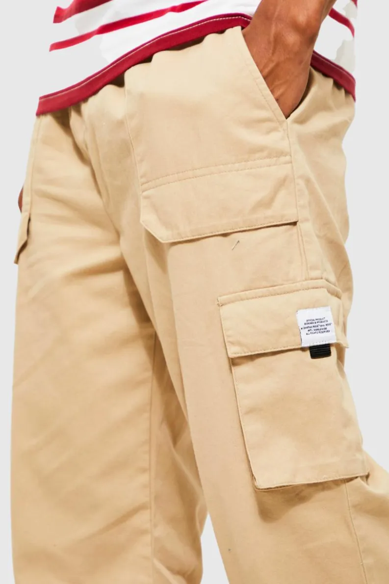Fashion boohooMAN Elasticated Waist Relaxed Fit Buckle Cargo Trouser stone
