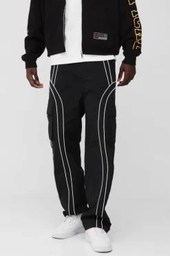 Discount boohooMAN Elasticated Waist Relaxed Nylon Pipped Cargo Trousers black