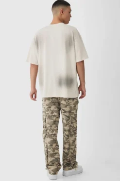 Discount boohooMAN Elasticated Waist Relaxed Stacked Camo Cargo Trousers khaki