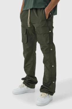Shop boohooMAN Elasticated Waist Slim Flare Stacked Cargo Trousers khaki