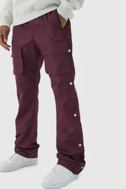 Best Sale boohooMAN Elasticated Waist Slim Flare Stacked Cargo Trousers burgundy