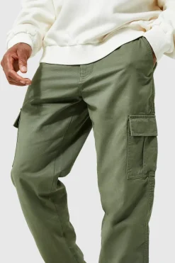 Hot boohooMAN Elasticated Waist Straight Leg Twill Cargo Trouser khaki