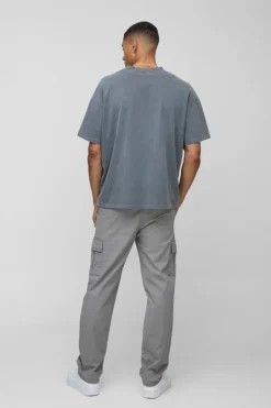 Sale boohooMAN Elasticated Waist Straight Leg Cargo Trouser grey