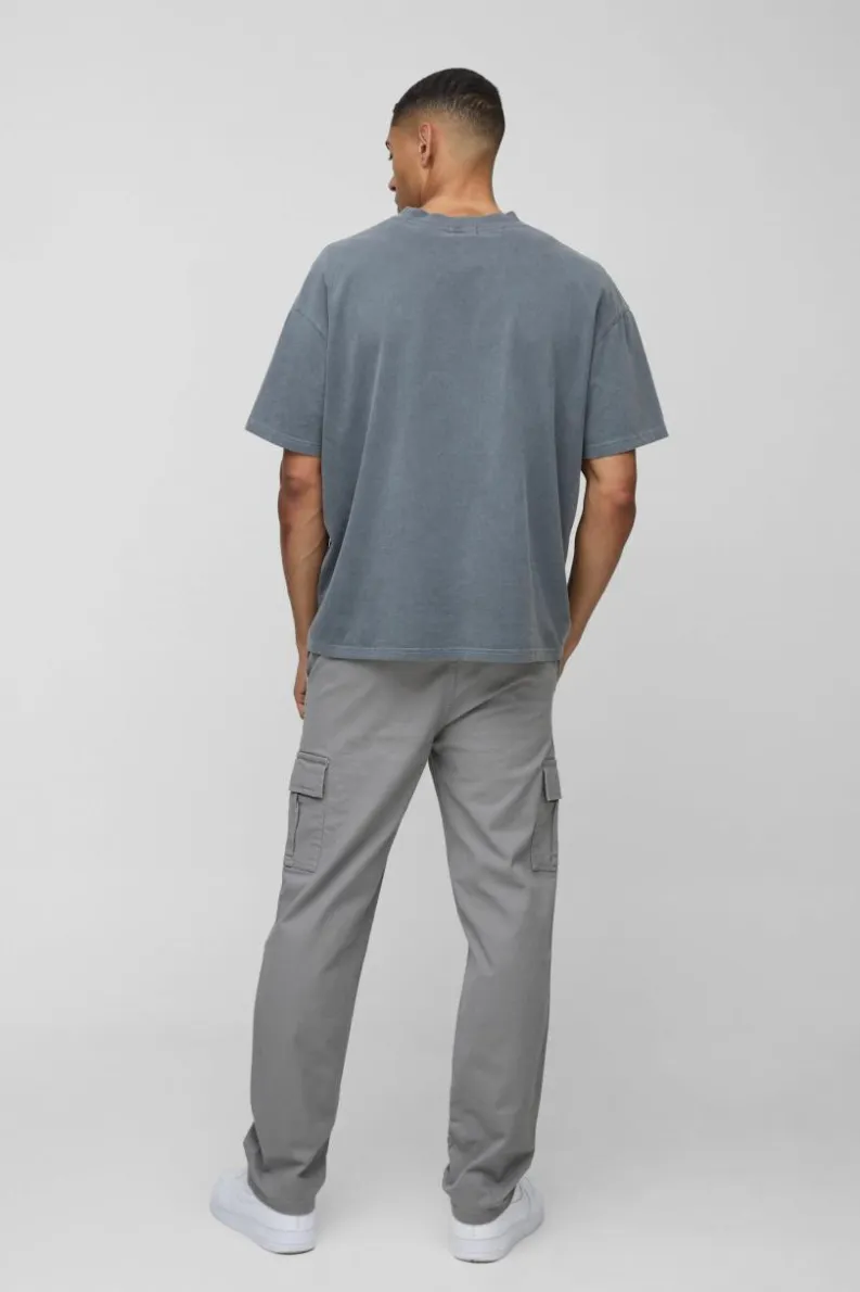 Sale boohooMAN Elasticated Waist Straight Leg Cargo Trouser grey