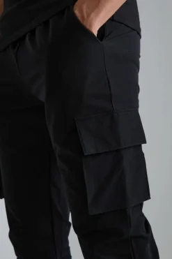 Fashion boohooMAN Elasticated Waist Technical Stretch Skinny Cargo Trouser black