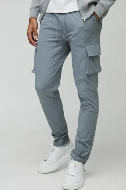 Fashion boohooMAN Elasticated Waist Technical Stretch Skinny Cargo Trouser light grey