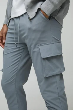 Fashion boohooMAN Elasticated Waist Technical Stretch Skinny Cargo Trouser light grey