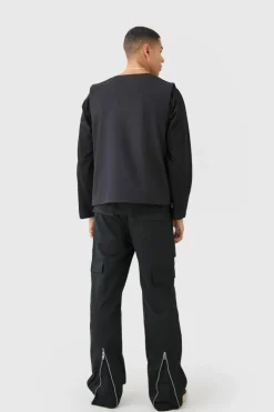 New boohooMAN Elasticated Waist Zip Hem Flared Cargo Trousers black