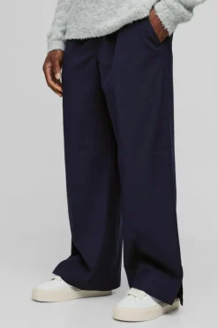 Fashion boohooMAN Elastic Waist Split Hem Wide Leg Tailored Trousers navy