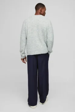 Fashion boohooMAN Elastic Waist Split Hem Wide Leg Tailored Trousers navy