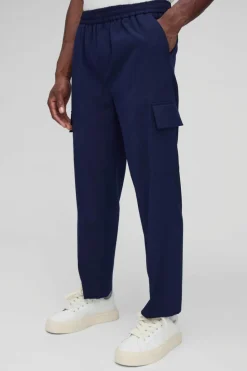 Best boohooMAN Elastic Waist Straight Cropped Tailored Cargo Trousers navy