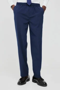 Store boohooMAN Elastic Waist Straight Fit Tailored Trousers navy