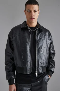 Store boohooMAN Embossed Pu Baroque Boxy Bomber Jacket black