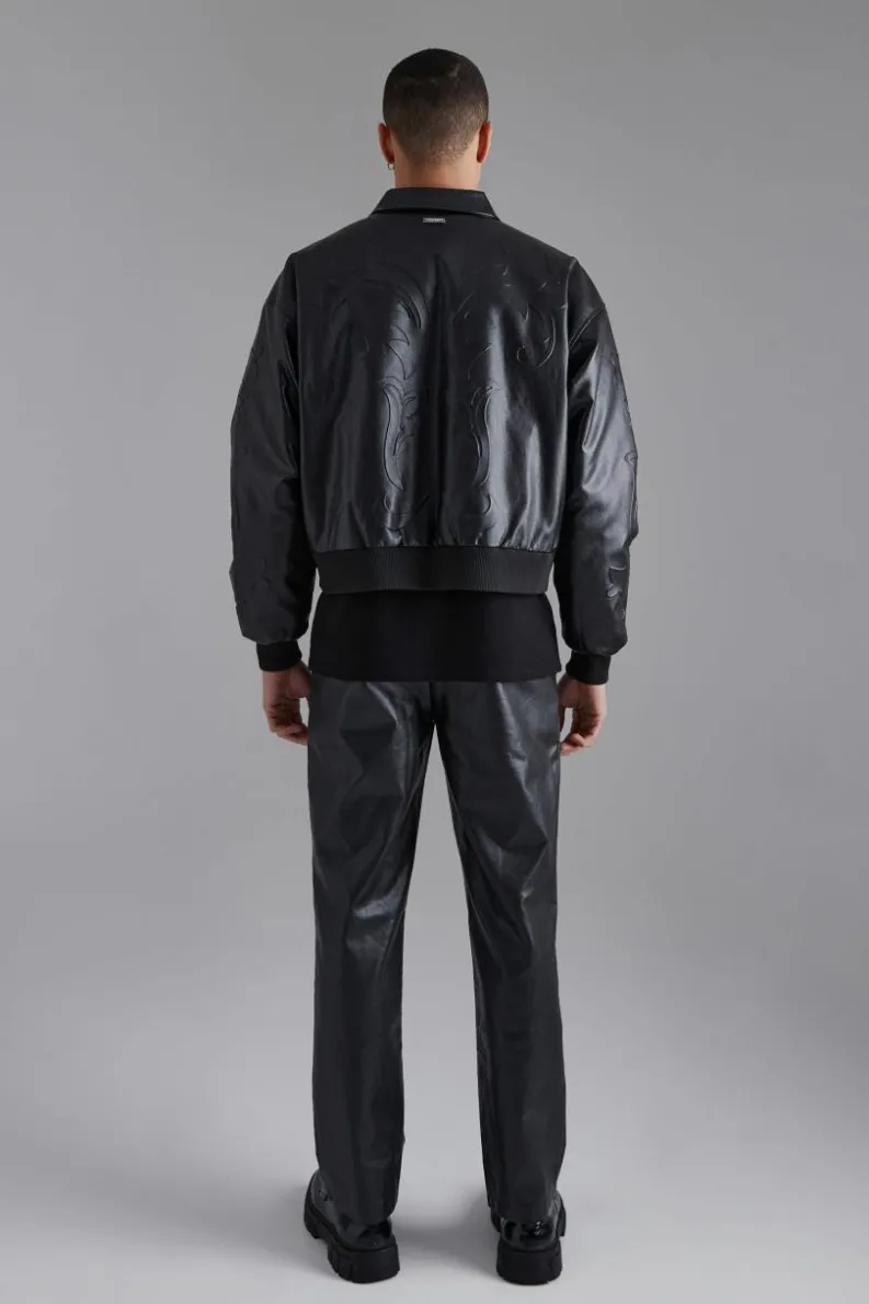Store boohooMAN Embossed Pu Baroque Boxy Bomber Jacket black