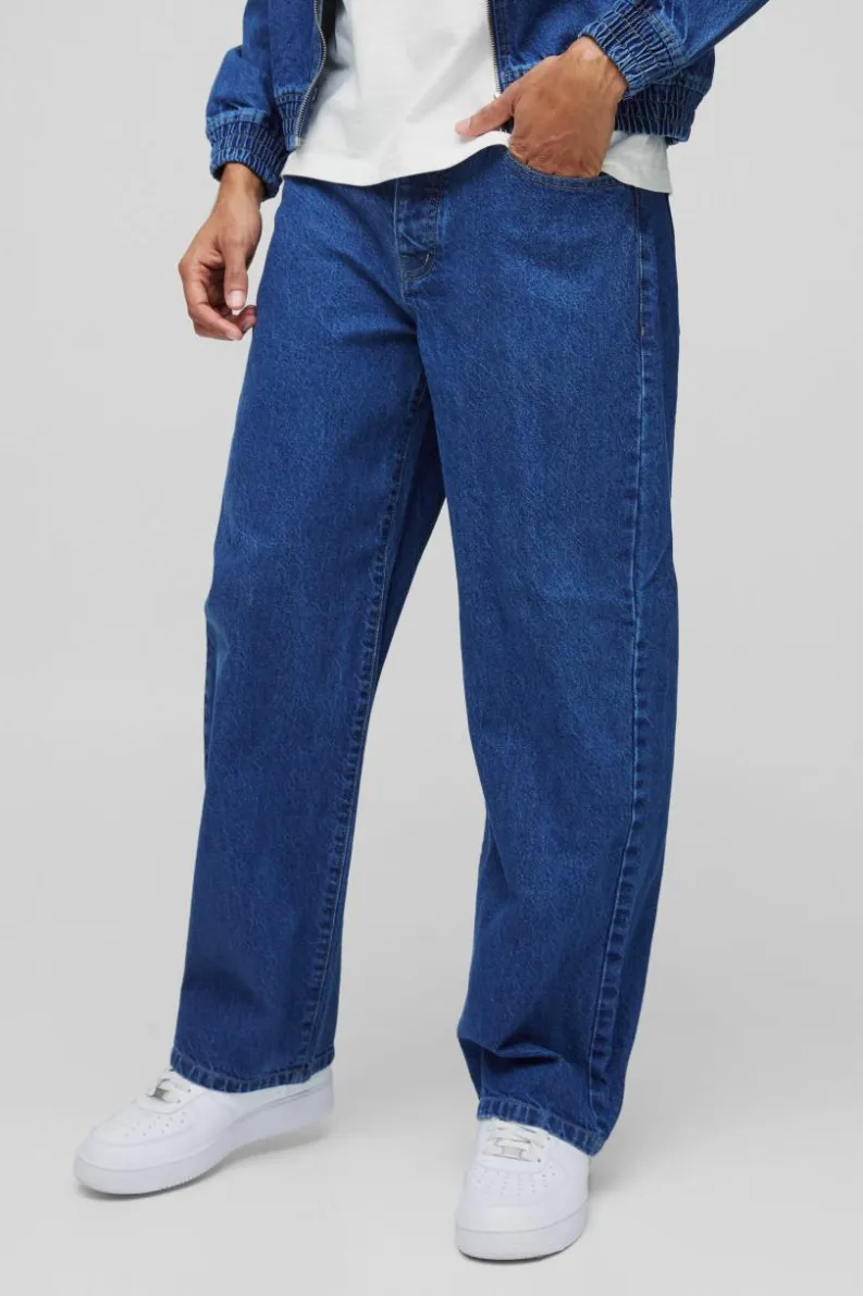 New boohooMAN Embroidered Relaxed Fit Jeans mid blue