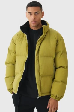 New boohooMAN Embroidered Ripstop Funnel Neck Puffer In olive