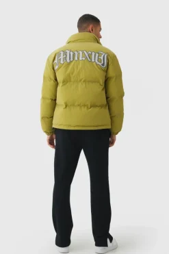 New boohooMAN Embroidered Ripstop Funnel Neck Puffer In olive