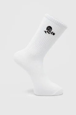 Shop boohooMAN Embroidered Skull And Rose Tube Sock white