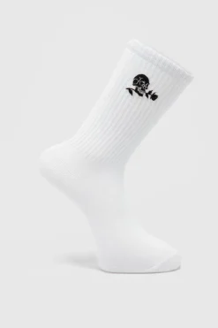 Shop boohooMAN Embroidered Skull And Rose Tube Sock white