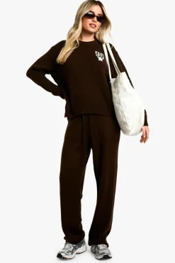 Cheap boohoo Embroidered Star Detail Oversized Crew Neck Knitted Jumper And Wide Leg Trouser Tracksuit choc brown