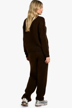 Cheap boohoo Embroidered Star Detail Oversized Crew Neck Knitted Jumper And Wide Leg Trouser Tracksuit choc brown