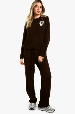 Cheap boohoo Embroidered Star Detail Oversized Crew Neck Knitted Jumper And Wide Leg Trouser Tracksuit choc brown