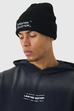 Best boohooMAN Expedition Collection Embroidered Beanie In black