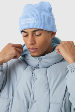 Online boohooMAN Expedition Collection Embroidered Beanie In blue