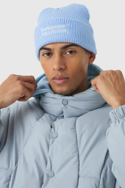 Online boohooMAN Expedition Collection Embroidered Beanie In blue