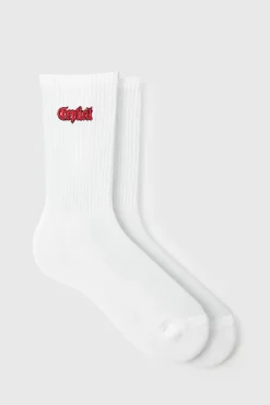 Flash Sale boohooMAN Explicit Embroidered Half Terry Socks white