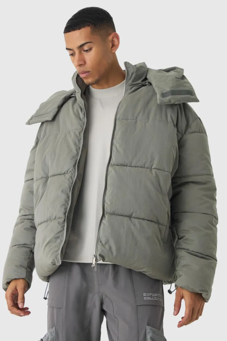 Hot boohooMAN Extended Funnel Neck Hooded Puffer In grey