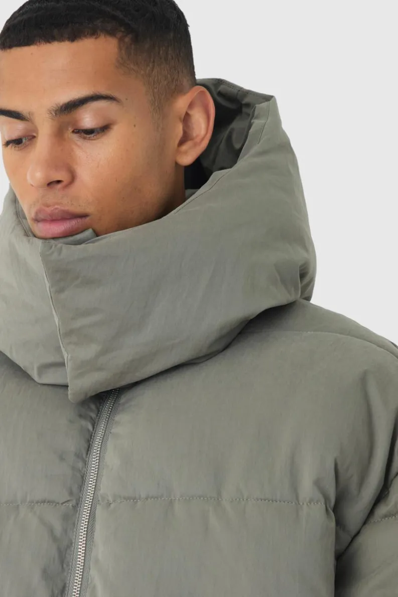 Hot boohooMAN Extended Funnel Neck Hooded Puffer In grey